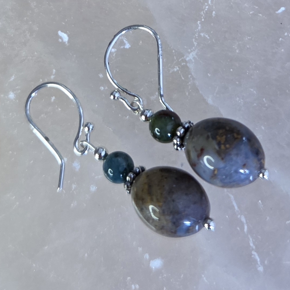 Earthy Green-blue Jasper And Brown Pietersite Dangle Earrings